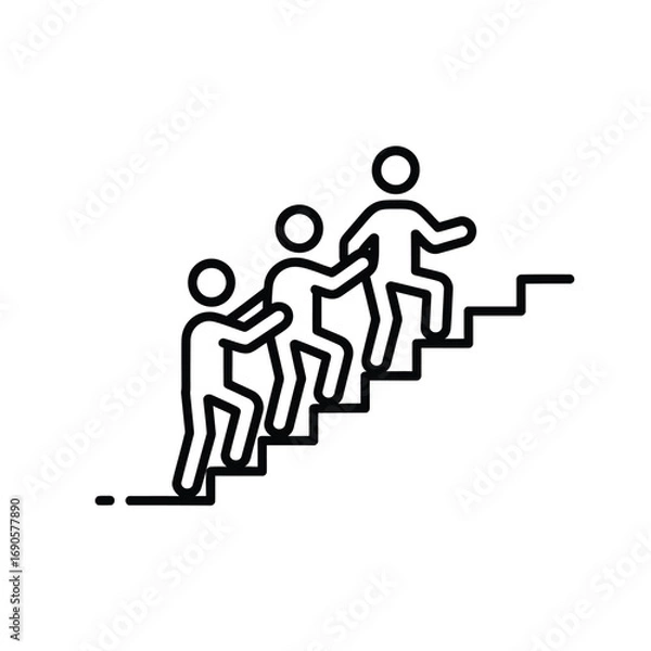 Fototapeta Black outline icon of people climbing stairs helping each other on white background