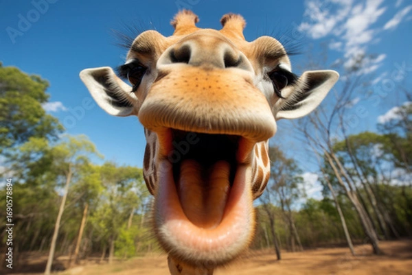 Fototapeta Giraffe's Playful Portrait: An up-close and personal shot of a giraffe, capturing its playful and curious nature