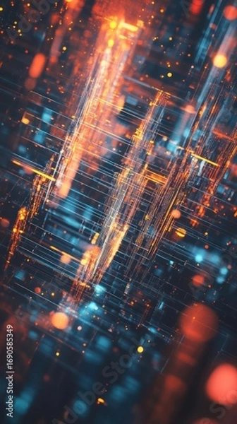 Fototapeta Abstract digital data flow, glowing lines and particles.