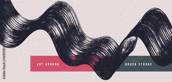 Fototapeta Black spiral brush strokes with grainy spray effect. Hand drawn curved lines form a bold horizontal banner. Distressed vector retro background with rough texture, scattered small dotted details.