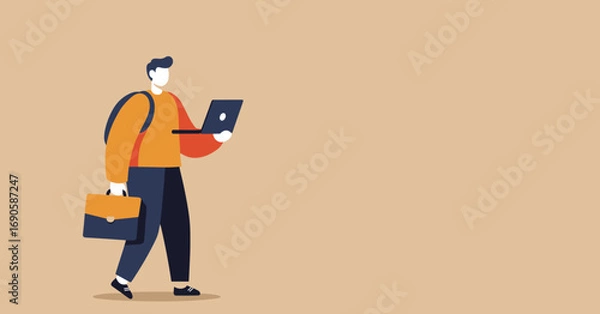 Fototapeta A modern illustration of a person carrying a laptop and briefcase, representing mobile work, education, or business on the go. Ideal for concepts like remote productivity and flexible lifestyles.