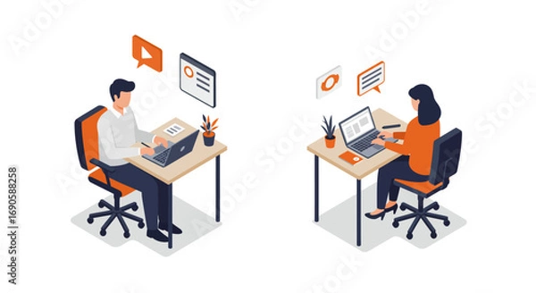 Fototapeta Isometric office scene with colleagues working at desks