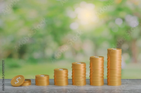 Fototapeta gold coin stacking 3D render on wodden board with photo of green blur nature background for business concept financial, banking and investment with money growth success.