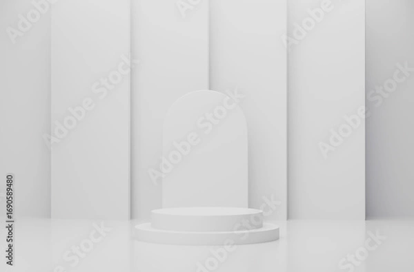 Fototapeta 3d render of minimalist one podium showcase stage in interior room white studio and lighting for product display abstract bright background.