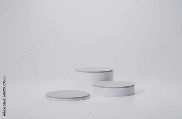 Fototapeta 3d render of minimalist three podium showcase stage in interior room white studio and lighting for product display abstract bright background.