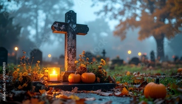 Obraz Old cemetery cross with candle and pumpkins