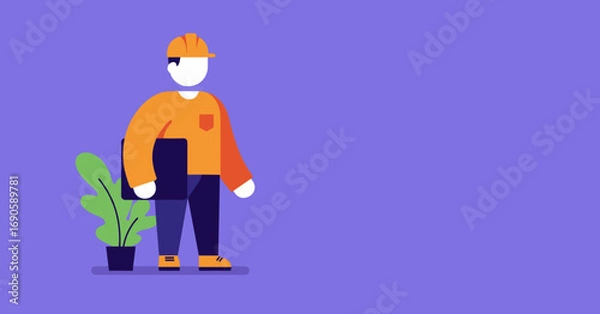 Fototapeta Stylized illustration of an architect or construction worker in a hard hat, holding a plan. Ideal for industry, safety, and project management concepts.