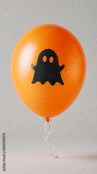 Fototapeta An orange balloon with a simple black flat icon of a silhouette of Halloween ghost printed on it, isolated on a white background