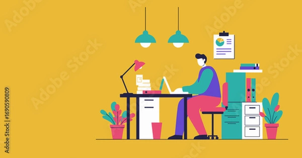Fototapeta Illustration of a person working remotely on a laptop at a bright home office desk, symbolizing productivity, online business, and digital work.