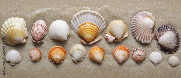 Fototapeta Colorful Seashells on Sand - Ocean Element Display / Coastal Decoration Material / Natural Biological Specimen