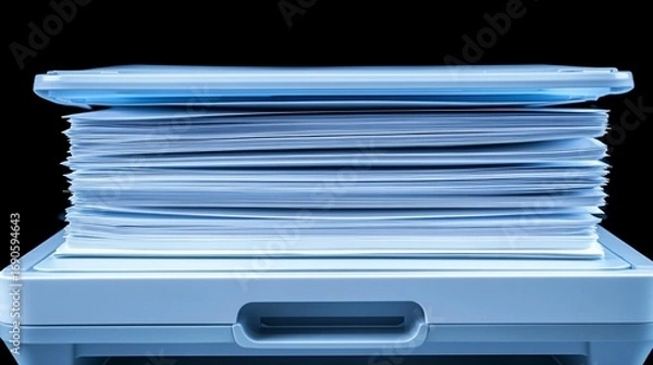 Fototapeta Light-blue printer tray filled with documents