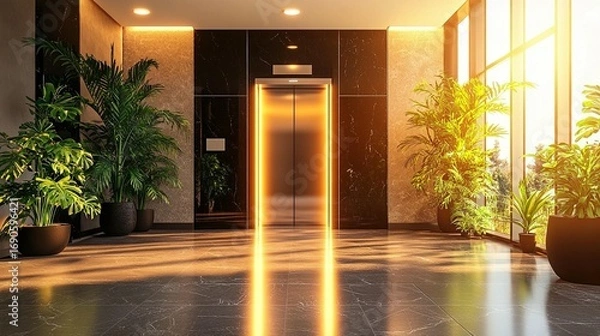 Fototapeta Modern lobby with elevator, golden light rays