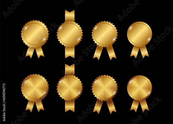 Fototapeta Gold medals with ribbons vector set. Realistic round medals for awarding the winner.