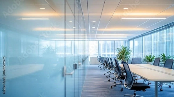 Fototapeta Modern office space with glass partitions and rows of desks