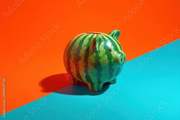 Fototapeta Watermelon Piggy Bank: A vibrant, stylized image of a charming piggy bank designed as a watermelon, symbolizing savings and fresh financial beginnings, set against a vivid, contrasting background.