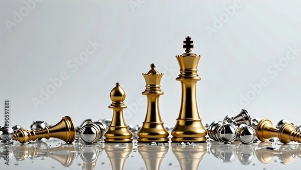Fototapeta Golden chess king and queen stand victorious over fallen silver pieces, symbolizing success and strategic dominance in a competitive business environment.
