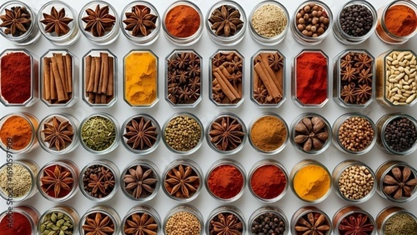 Fototapeta Overhead shot of various spices arranged in glass jars on a white background, creating a vibrant and organized pattern. Perfect for culinary, food blog, or spice company website.