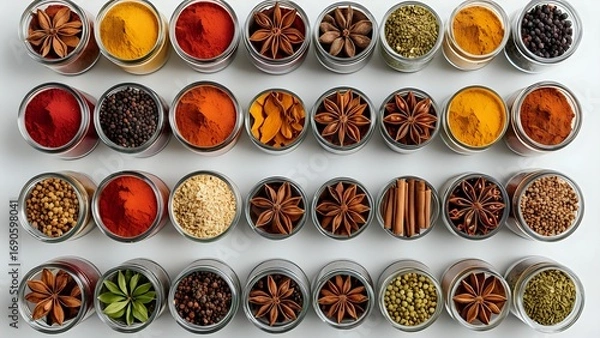 Fototapeta Vibrant overhead shot showcasing an array of assorted spices in small glass jars, neatly arranged in rows, perfect for culinary, food blog, or packaging design.