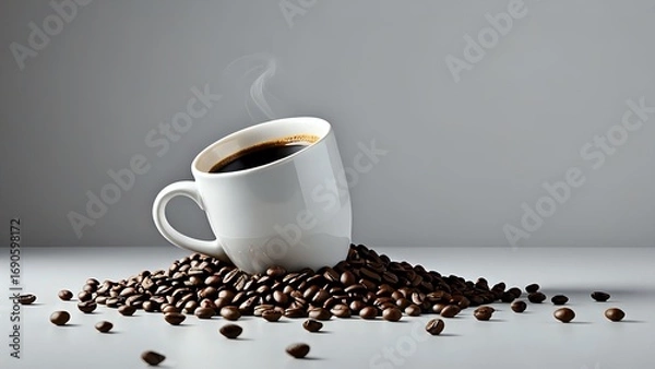Fototapeta Aromatic coffee steaming in a white cup, nestled amongst a scattering of roasted coffee beans on a minimalist grey background.  Perfect for coffee shops, cafes, and beverage brands.