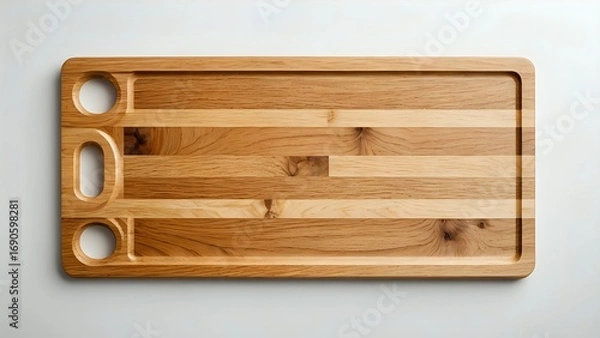 Fototapeta A high-resolution image showcasing a beautiful, rectangular wooden cutting board with finger holes, ideal for culinary or food styling.  Perfect for bloggers, chefs, and food websites.