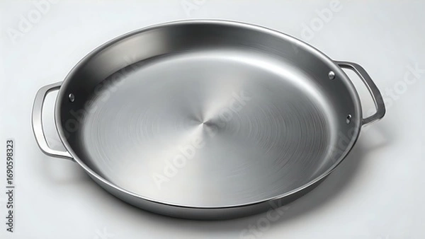 Fototapeta High-quality studio shot of a gleaming stainless steel frying pan with two handles, isolated on a white background.  Perfect for culinary websites or cookware catalogs.