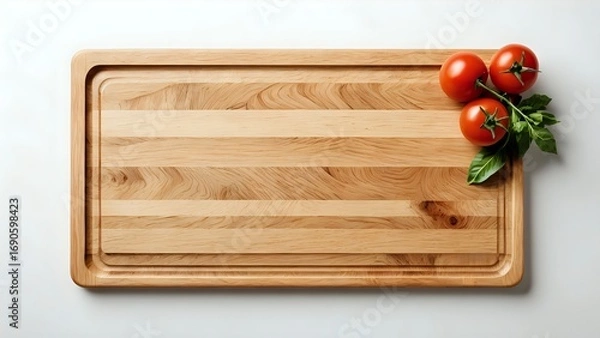 Fototapeta Fresh tomatoes and basil on a rustic wooden cutting board, perfect for cooking and food blogs.  High-resolution image ideal for culinary websites and recipe books.