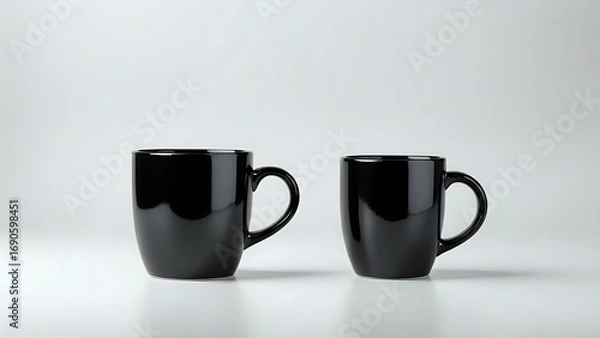 Fototapeta Two sleek, black ceramic mugs on a minimalist white background, perfect for branding or design mockups.  Offers a clean, modern aesthetic.
