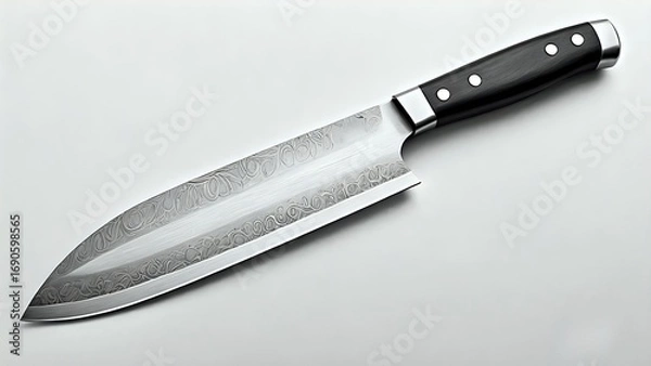 Fototapeta Exquisite handcrafted Japanese chef's knife with intricate damascus steel blade and elegant black handle, isolated on white background.