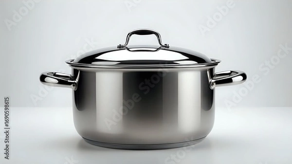 Fototapeta Shiny stainless steel stock pot with lid and handles, isolated on white background. Perfect for culinary, kitchenware, or cooking websites.