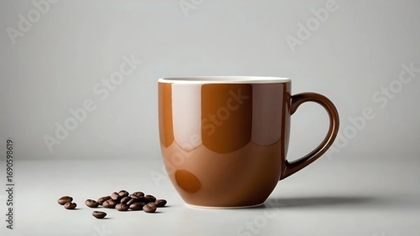 Fototapeta A large brown coffee mug with a handle sits next to a small pile of coffee beans against a light grey background.  Perfect for coffee-related projects.