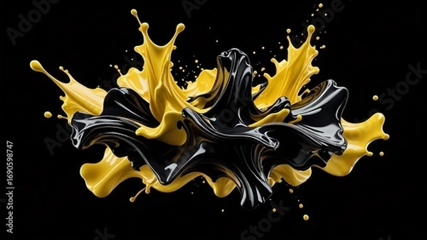 Fototapeta Dynamic splash of black and gold paint, abstract art, 3D render, perfect for design and backgrounds.
