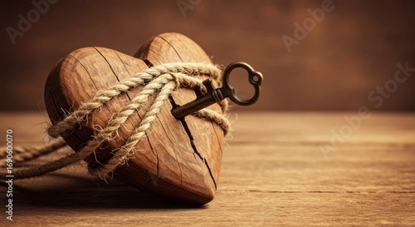 Fototapeta A Wooden Heart, Bound and Keyed, Rests on a Rustic Table