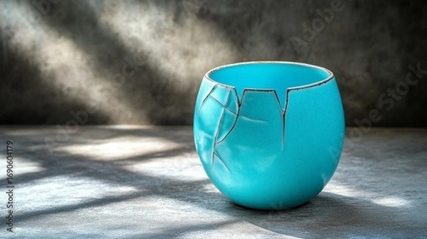 Fototapeta Teal ceramic bowl with intentional cracks on a textured surface