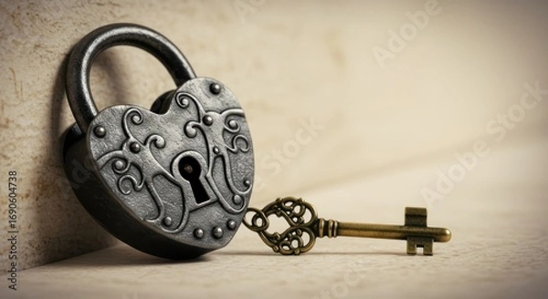 Fototapeta A heart-shaped padlock and its ornate key rest on a textured surface.