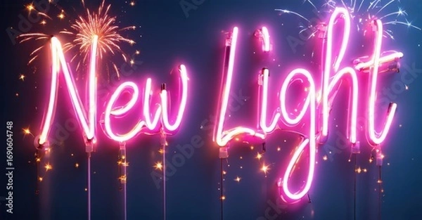 Fototapeta Bright pink neon sign displays New Light. Fireworks sparkle above, creating festive atmosphere. Dark background emphasizes glowing text.