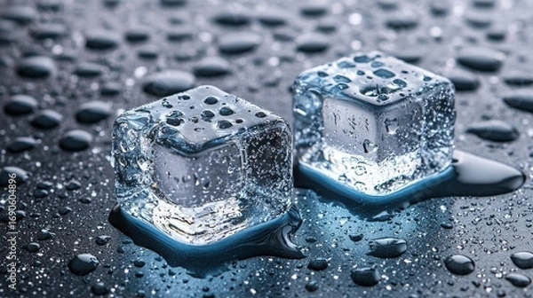 Fototapeta Two ice cubes on a dark surface with water droplets