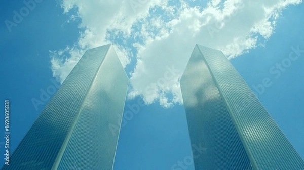 Fototapeta Two towering skyscrapers against a vibrant blue sky dotted with fluffy white clouds