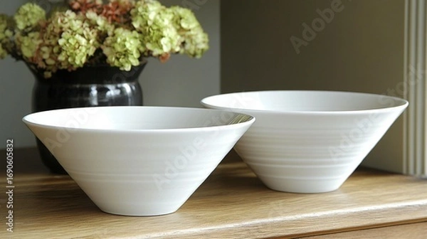 Fototapeta Two white, ribbed, shallow bowls on a wooden surface with a vase of flowers