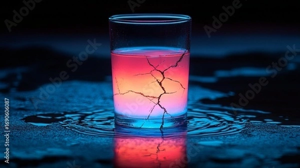 Fototapeta Vibrant glass with cracks, lit by vibrant colors, reflecting on a dark surface with ripples
