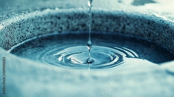 Fototapeta Water droplet falling into a stone basin, creating ripples