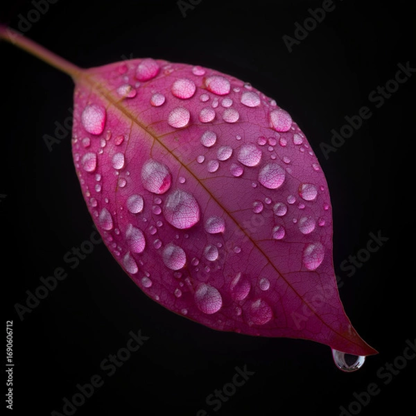 Fototapeta A delicate pink leaf with sparkling water drops captured in a detailed macro view.
