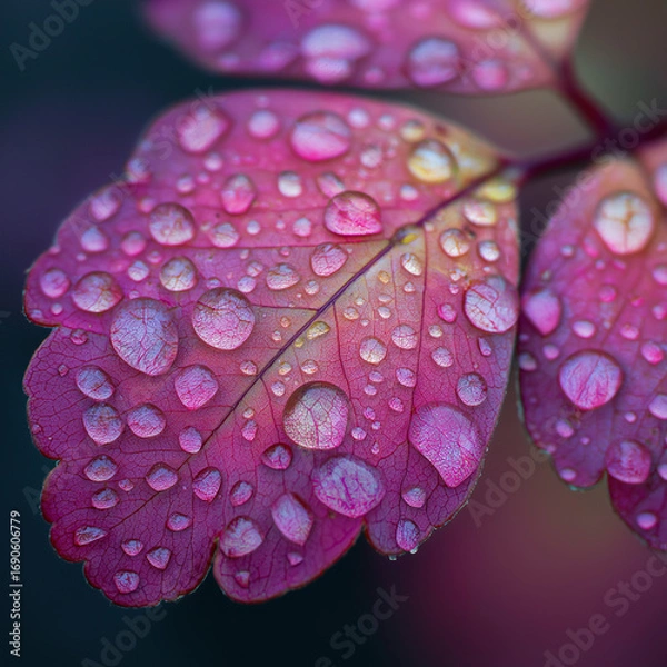 Fototapeta A delicate pink leaf with sparkling water drops captured in a detailed macro view.
