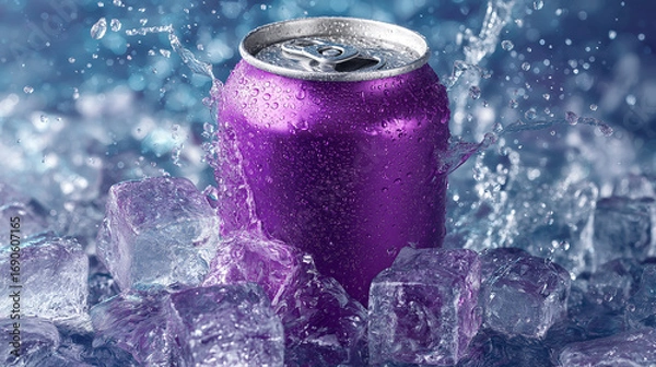 Fototapeta A purple aluminum can surrounded by dynamic water splashes, emphasizing freshness and energy.
