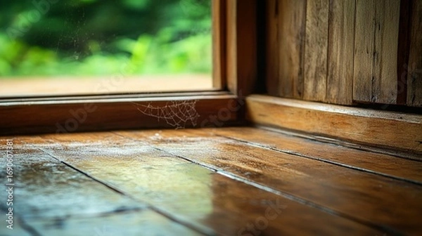 Fototapeta Wooden floor corner with spiderweb and dust, looking out to a blurred green garden through a window