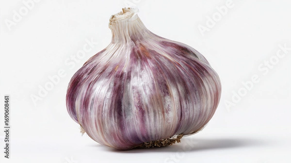 Fototapeta A single head of garlic placed on a clean white background, highlighting its natural texture and simplicity.
