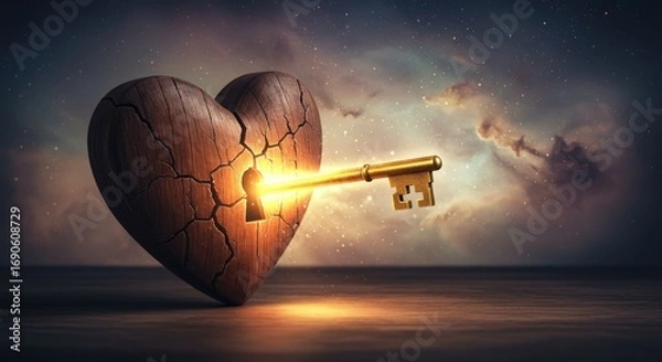 Fototapeta A golden key unlocks a cracked wooden heart against a cosmic backdrop