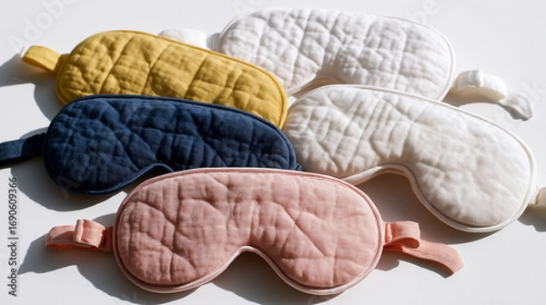 Fototapeta Plush and comfortable sleep eye masks in soothing colors, placed on a clean white background, designed to block light and promote restful sleep.
