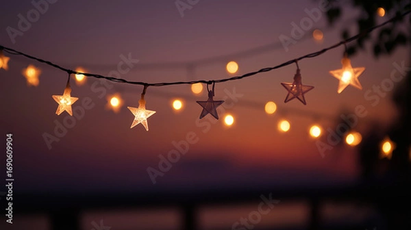 Fototapeta A delicate string of star-shaped lights gently illuminating the twilight sky at dusk, creating a cozy and magical atmosphere.
