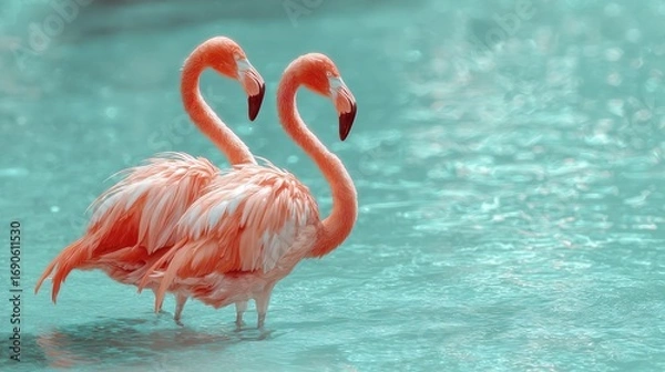 Fototapeta Two Pink Flamingos Standing in Calm Blue Water Under Soft Lighting