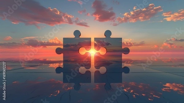 Fototapeta Two Puzzle Pieces Connecting at Sunset with Reflective Sky and Clouds